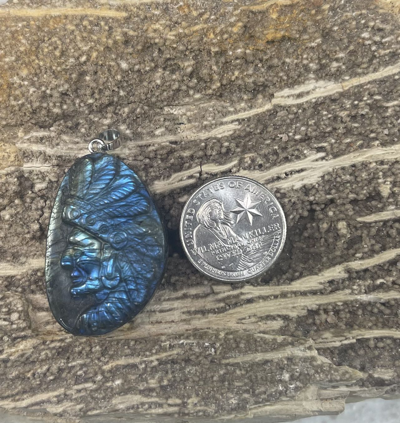 Labradorite, Aztec Warrior Face Carved Pendant, 25x40mm (1pc) - Granky's Remembrance