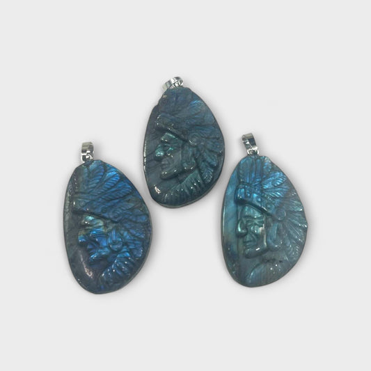 Labradorite, Aztec Warrior Face Carved Pendant, 25x40mm (1pc) - Granky's Remembrance